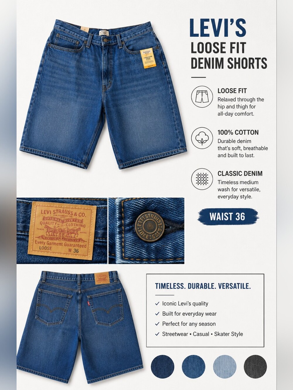 Levi Men Loose Fit Denim Shorts Dark Casual Jean Shorts Streetwear Skater Style